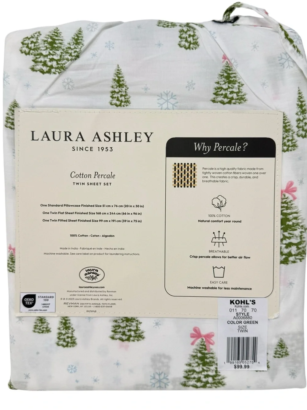 Laura Ashley Twin Size Sheet set Christmas Trees Bows Cotton Percale New